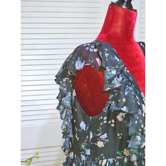 Mac Duggal Women's Black Floral Ruffled Chiffon Leena Maxi Dress Size 8 2808 - Picture 12 of 16